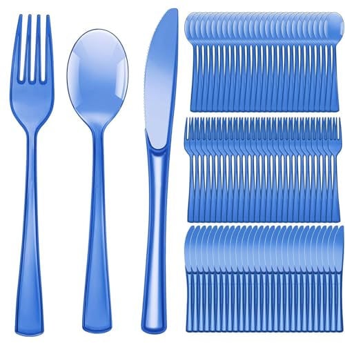 90 Stück WiederverwendbarenBesteck,durchscheinendes Besteck,Tabellengeschirr Für Familienfeiern,Outdoor Dinner(Messer/Gabel/Löffel je 30 Stück) (Blau)