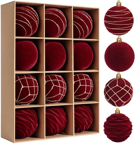 Miaikoe 12pcs Samt Weihnachts Ornamente Kugeln Sets für Weihnachten, Kunststoff zerstörungsdicht Weihnachtsbaum Flocked 8 cm Ornamente Kugeln für Winter Urlaub Dekor (Burgund)