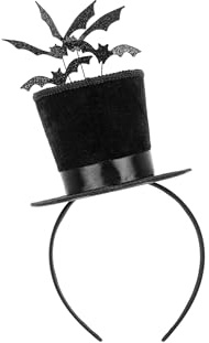 PartyDeco Halloween Haarband mit Zylinder und Fledermäusen – ca. 19 × 26 cm – Schwarz, Glitzer Kostümzubehör Fledermaus