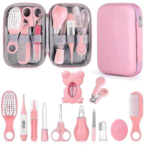 PZCC Trousse de Soin Bebe, Trousse de Toilette Bebe, 12 Accessoires Essentiels Soin de Bébé, avec Thermomètre Digital, Peigne et Coupe Ongles, Kit, Cadeau de Naissance Fille et Garçon (Rose)