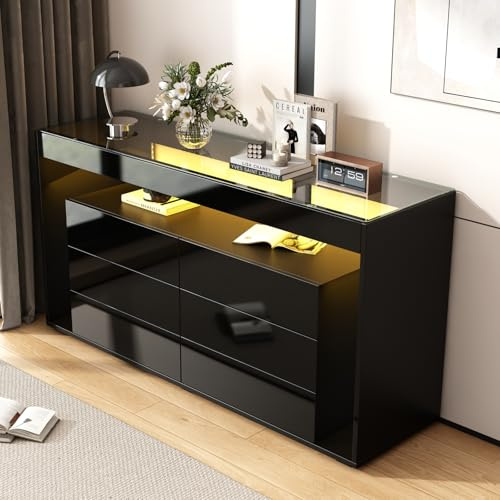OLIVIBED Sideboard mit 6 Schubladen, Kommode mit LED und Offene Ablage, Komodenschrank mit Stauraum, Hochglanz Anrichte für Esszimmer, Wohnzimmer, Küche, Griffloses Design, 140x40x70cm, Schwarz