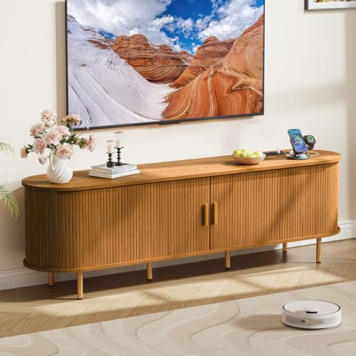 DHH 71 TV Stand with Power Outlet for TVs up to 75 Inch, Entertainment Center with Storage and Adjustable Shelves, Modern Media Console with Sliding Doors for Living Room, Yellow Walnut