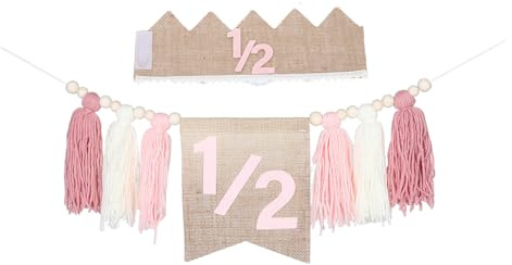 CIYODO 2 Stück Boho Hochstuhl Geburtstagsbanner mit Quasten und Holzperlen Wiederverwendbar Rosa für Mädchen Ab 6 Monaten Partydeko für Halbes Jahr
