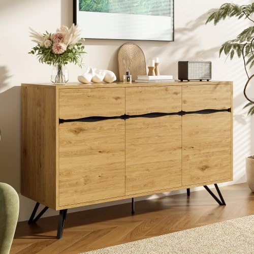Merax Sideboard – Modernes 3-Türiges Sideboard im skandinavischen Stil, Holzoptik mit schwarzen Metallakzenten, 140 x 40 x 75,5 cm, Kommode für Wohnzimmer, Esszimmer oder Flur