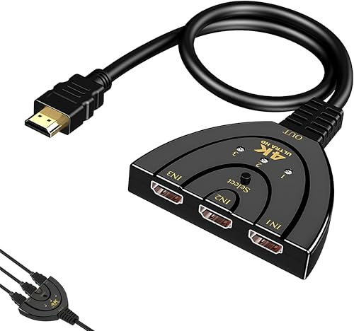 AYMBH HDMI Switch 3 in 1 Out 1080P Full HD HDMI Splitter Switcher with 50cm Cable, Gold-Plated Ports, 3D Support, HD Audio, HDMI Hub for TV Gaming Console Projector