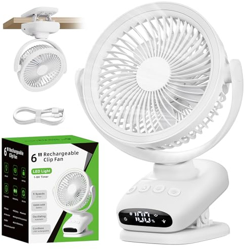 WUQNGI Mini Ventilador Portatil, 10000mAh USB Ventilador Silencioso, Pequeños Ventilador de Mesa con Pinza y Temporizador, Oscilación Automática, Luces LED para Coche Carro Bebe Autocaravana Camping