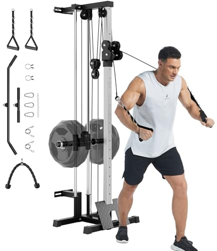 GarveeLife Wall Mount Cable Station, LAT Pulldown Machines with 19 Positions Dual Pulley System, Cable Crossover Machine with Footplate, T-Bar and More Attachments Workout Equipment Home Gym