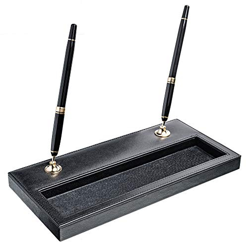 Dacasso Classic Black Leather Double Pen Stand with Gold Accents
