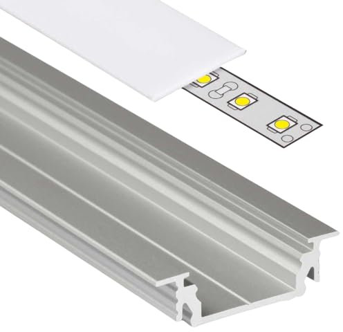 GROOVE14 (GR14) Einbauprofil Aluminium 2m eloxiert | Einbauleiste für Led Streifen bis 1,04cm Breite | U-Profil Einbauschiene + Acryl Abdeckung milchig-weiß slide + Endkappen |Aluprofil belastbar