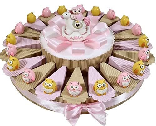 Sindy Bomboniere Torta BOMBONIERA Battesimo Gufo Gufetto Rosa e Giallo Bimba per Eventi Compleanno - Torta da 20 fette + Centrale + Confetti *