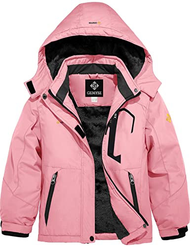 GEMYSE Mädchen Wasserdichte Skijacke Winddichte Fleece Outdoor Winterjacke Regenjacke mit Kapuze (Rosa,140-146)