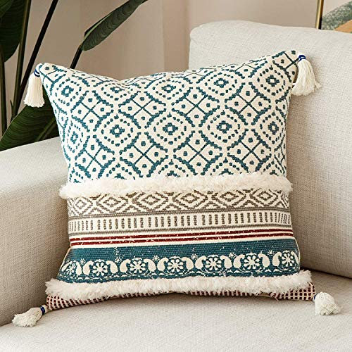 hi-home 1 Stück Boho Kissenbezug, Dekorative kissenbezüge mit Quaste Baumwolle Sofakissen 45x45cm Kissenhülle Dekokissen Kopfkissenbezug Kissen Boho Style für Sofa Schlafzimmer Wohnzimmer (Blau)