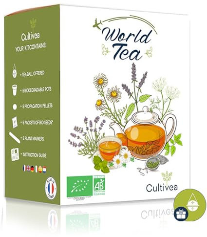 CULTIVEA® World Welt-Tee Anzuchtset - Grow your own - 100% Bio-Saatgut - Das perfekte Geschenk - Geschenkidee (Gartentee, Minze, Kamille, Agastache, Grüner Anis) mit gratis Tee Ei