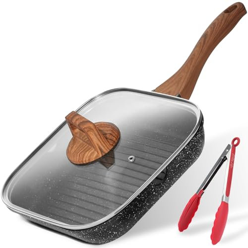 ESLITE LIFE Bistecchiera antiaderente con coperchio e pinze per piani cottura, versatile padella quadrata per bistecca per cucinare al coperto e grigliare all'aperto, senza PFOA, nero, 24 cm