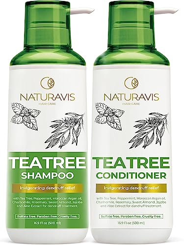 NATURAVIS Tea Tree and Peppermint Oil Shampoo and Conditioner Set, Sulphate and Paraben Free for Women and Men, Infused with Mint to Support Dandruff and Itching