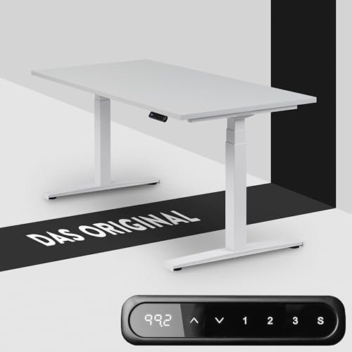 boho office® Höhenverstellbarer Schreibtisch 120 x 80 cm - Elektrisch stufenlos, inkl. Wireless Charger, Memoryfunktion, Kollisionsschutz - Basic Line Weiß inkl. Tischplatte in Lichtgrau