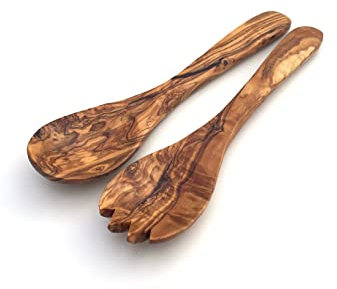 medina mood Lot de 2 couverts à salade en bois d'olivier - Longueur : 25/30/35 cm - Longueur au choix - Cuillères à salade fabriquées à la main - En bois d'olivier - Taille M : longueur : 25 cm