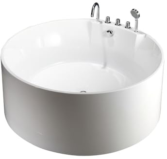 Vente-unique - Baignoire îlot ronde avec robinetterie - 150 x 150 x 58 cm - Blanche - 373 L - LINDA