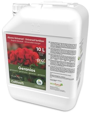 CULTIVERS Organischer Flüssigdünger für Geranien, 10 l Grünere Blätter, mehr Blüte und intensiviert die Farbe. Mit Makronährstoffen und Mikronährstoffen