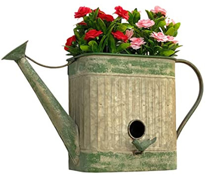 DanDiBo Vogelhaus mit Blumentopf zum Aufhängen Metall Deko Gießkanne wetterfest 481999 Nistkasten 40 cm Futterstation für Vögel Shabby Metallkanne Kanne Balkon