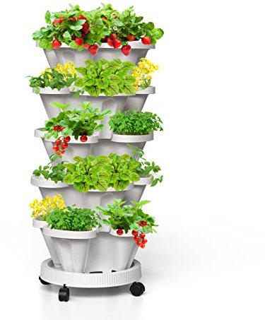 Tectsia Vertikale Pflanzgefäße für Erdbeere, 5-stufiger Stapelturm, Garten, stapelbare Kräuter-Gemüse-Pflanzgefäße mit beweglichen Rollen und Bodenuntersetzer, für drinnen und draußen, Weiß