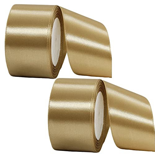 2 Rolls Thick Champagne Gold Satin Ribbon - 50mm Wide, Double Sided for Gift Wrapping, Crafting, Cake Decoration, Hair Bows, Bouquets, Christmas & Wedding
