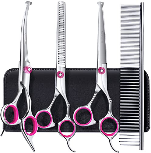 Gimars Hundepflegescheren-Set, professionell, 4CR, mit runder Sicherheitsspitze, 5-in-1-Hochleistungsschere mit Titanbeschichtung und gebogener und gerader Schere