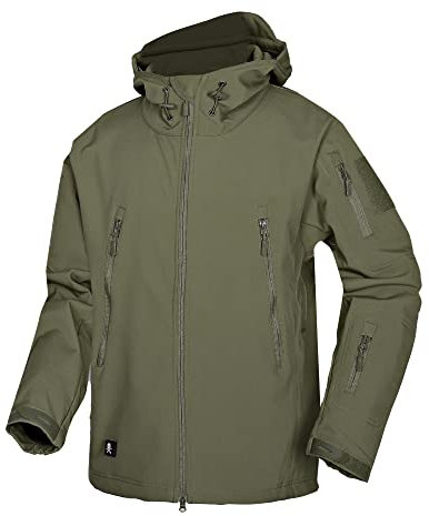 Wuzfully Homme Softshell Veste Militaire Tactique Imperméable Hiver Polaire Capuche Manteau avec Poches Multifonctions Vert Taille XXL