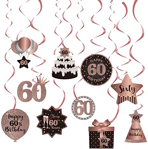Happy 60th Birthday Party Hängende Wirbel Bachläufe Deckendekorationen Feier 60 Folie hängende Wirbel mit Aussparungen für 60 Jahre alte Rose Gold Geburtstag Party Dekorationen Supplies
