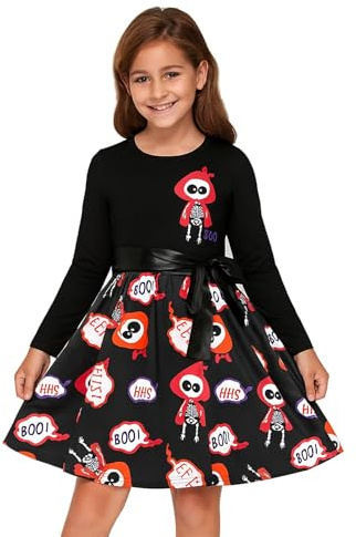 A2Z 4 Kids Skeleton Print Skater Dress Girls Halloween Ages 5-13 | Long Sleeve Soft Contrast Dress Party Costume Comfortable Stylish