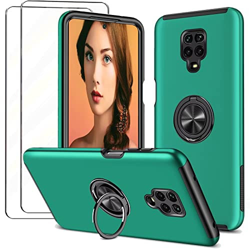 NEINEI Handyhülle für Xiaomi Redmi Note 9S/9 Pro mit 2 Stück Schutzfolie,Draussen Hülle mit Magnetisch Ring Unsichtbare Halterung,TPU Flexibler Rahmen + Harte PC Rückseite Case,Grün