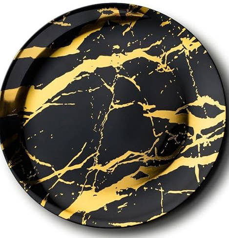 Decorline - Vassoio da Portata - Set di 4 - Robusti Piatti da Portata in Plastica Riutilizzabili un aspetto Marmor, Vassoio Decorativo e Elegante, buffet delle feste - Tondo Ø 40 cm - Nero/Oro