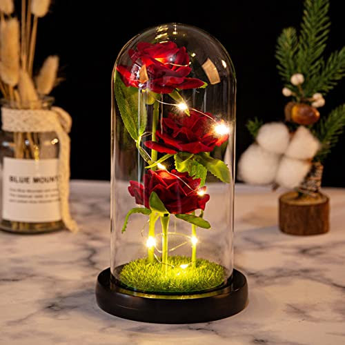 Gifts for Women,Mothers Day Flowers Gifts from Daughter Son,Flower Rose and Artificial Flower Light in Glass Dome on Wooden Base for Birthday, Wedding, Valentine's Day, Mother's Day