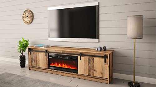 Mobile TV 200 x 57 x 35 cm, colore vecchio legno fienile con camino riscaldato integrato, mobile Hi-FI da posare