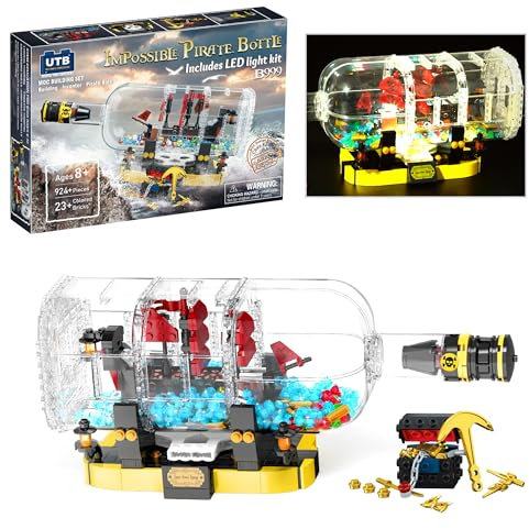 Under the Baubles Ideas Piratenschiff in Flasche Bauspielzeug mit LED-Licht für Erwachsene, 924 Stück Bausatz, Sammlerstück, Kreatives Geschenkidee für Kinder
