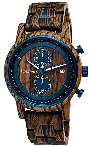 Holzwerk Germany Handgefertigte Designer Herren-Uhr Öko Natur Holz-Uhr Chronograph Armband-Uhr Analog Quarz-Uhr Braun Blau Datum Holz (Blau.Braun)
