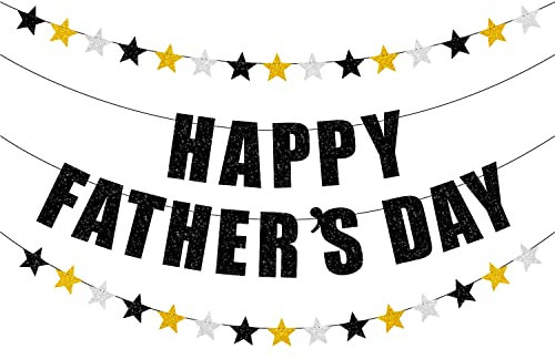 Happy Father's Day Banner, Glitter Blue Happy Father's Day Banner mit Quaste, Vatertag Party Dekorationen, Vatertag Party Supplies, Girlande für Vatertag (Schwarz Gold Silber Stern)