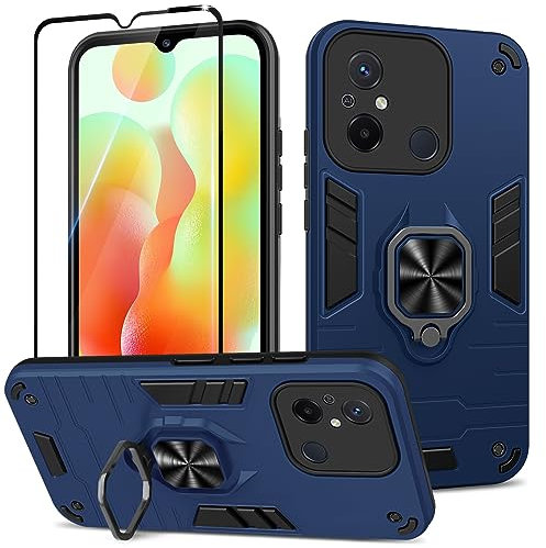 Btstring Hülle kompatibel mit Xiaomi Redmi 12C mit Schutzfolie, Militär Standard Stoßfest Handyhülle Case Hybrid Metall Ring Halter Schutzhülle Handy Hüllen Cover- Blau
