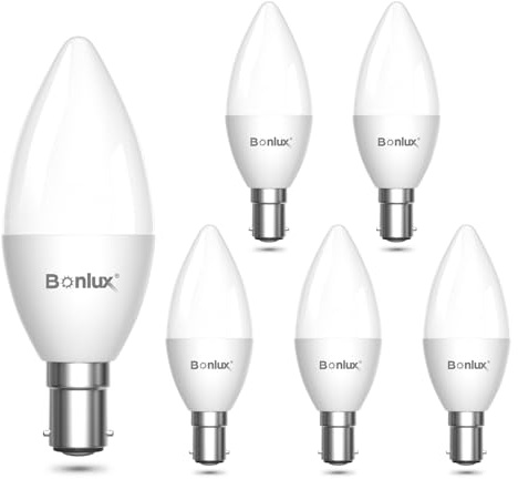 Bonlux B15 LED Bayonet Candle Bulb, 5W B15D Small Bayonet Cap Candle Light 40W Halogen Equivalent, SBC LED Candle Bulbs Daylight 6000K, C37 Chandelier Energy Saving Bulbs (6-Pack), 2443-6