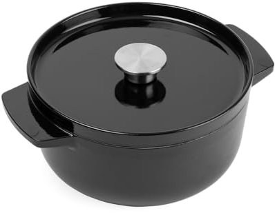 KitchenAid Cast Iron Cocotte in Ghisa Smaltata con Coperchio, Ø 22cm, Rotonda, 3,3L, 4,5kg, Alta Qualità e Durevole, Cuocere, Friggere, Senza PFAS, Induzione, Manico Ergonomico, Forno 260°C, Nero Onyx