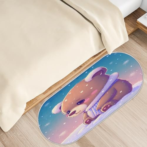 Niedlicher Bär, oval, weich, flauschig, Teppich für Schlafzimmer, 50,8 x 119,8 cm, Plüsch, zotteliger Bettvorleger, rutschfest, saugfähig, waschbar, Bodenmatte für Kinderzimmer, Wohnzimmer,