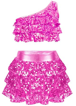 ranrann Bambina Vestito da Ballo Latino Americano Paillettes Tutu Crop Top con Gonna di Danza Tuta Danza Costume da Ballo Jazz Salsa Rumba Samba Dancewear Anni 3-16 Rosa Caldo A 11-12 Anni