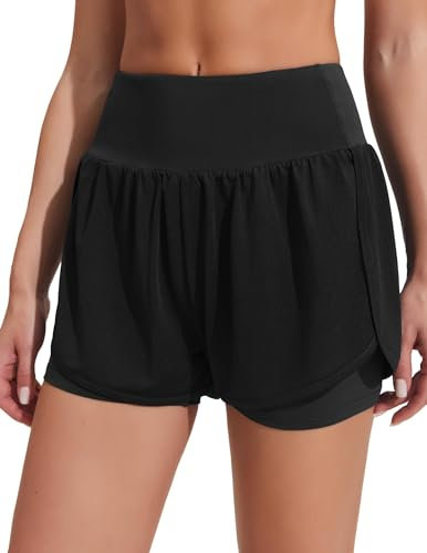 PINSPARK Damen Sporthose Kurz Laufhose mit Innenslip Sommer Hohe Taille Sport Shorts Schnelltrockende Laufshorts Jogging Gym Bade Training Tennishose Schwarz S