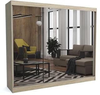 Brent - Kleiderschrank mit Spiegel Dave, 250cm Breit, Schlafzimmerschrank mit 1 Kleiderstange und Einlegeböden für Kleidung, Kleiderschrank Sonoma Eiche