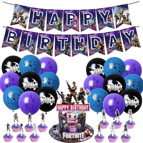Gaming Birthday Decors - Happy Birthday Banner & Latex Balloons, Cake Toppers, Kids' Party Supplies