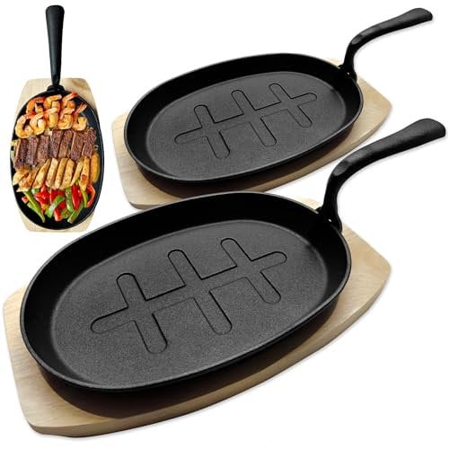 andrew james 2 Pack Pre-Seasoned Cast Iron Skillet Pan with Wooden Base, Griddle Frying Pan Ideal for Cooking, Searing, Sautéing, and Serving – Versatile Steak Skillet for Stovetop, Oven & Grill Use