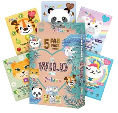 7th Heaven Go Wild Animal Face Sheet Mask Gift Set, 5 Fun Hydrating Kids Masks with Coconut, Apple, Aloe & Banana, Sensitive Skin Pamper Pack for Girls, Parties, Sleepovers, Gifts & Glowing Skin
