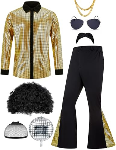 Ragelion Uomo 70s Disco Outfit Adulto Halloween Costume Include Retro Camicia Bell Bottom Pantaloni Parrucca Occhiali da sole Collana Baffi Parrucca Cap per la festa (Oro, S)