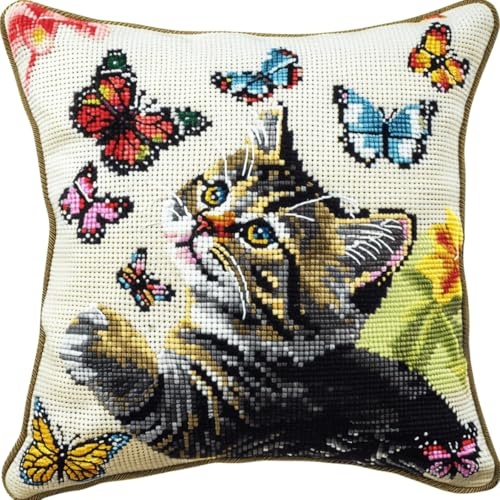 DIY knüpfen set anfänger Katze und Schmetterling knüpfkissen mit vordruck Farbe Tiere DIY Knüpfkissen,Überwurfkissen,Matte,Stickerei-Bastelsets für Anfänger mit aufgedrucktem Muster,He 43x43cm