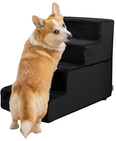 Hundetreppe für Bett und Sofa - 4 Stufen Hunderampe 58cm Hoch - Schaumstoff für Kleine Hunde - Sichere und Stabile Haustiertreppe - Abnehmbarer Waschbarer Bezug - Schwarz